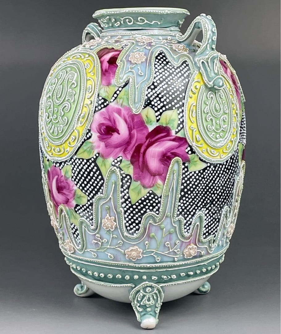 【希少】オールドニッポン 薔薇紋 一陳盛上げ アールヌーボー 花瓶 ビーディング