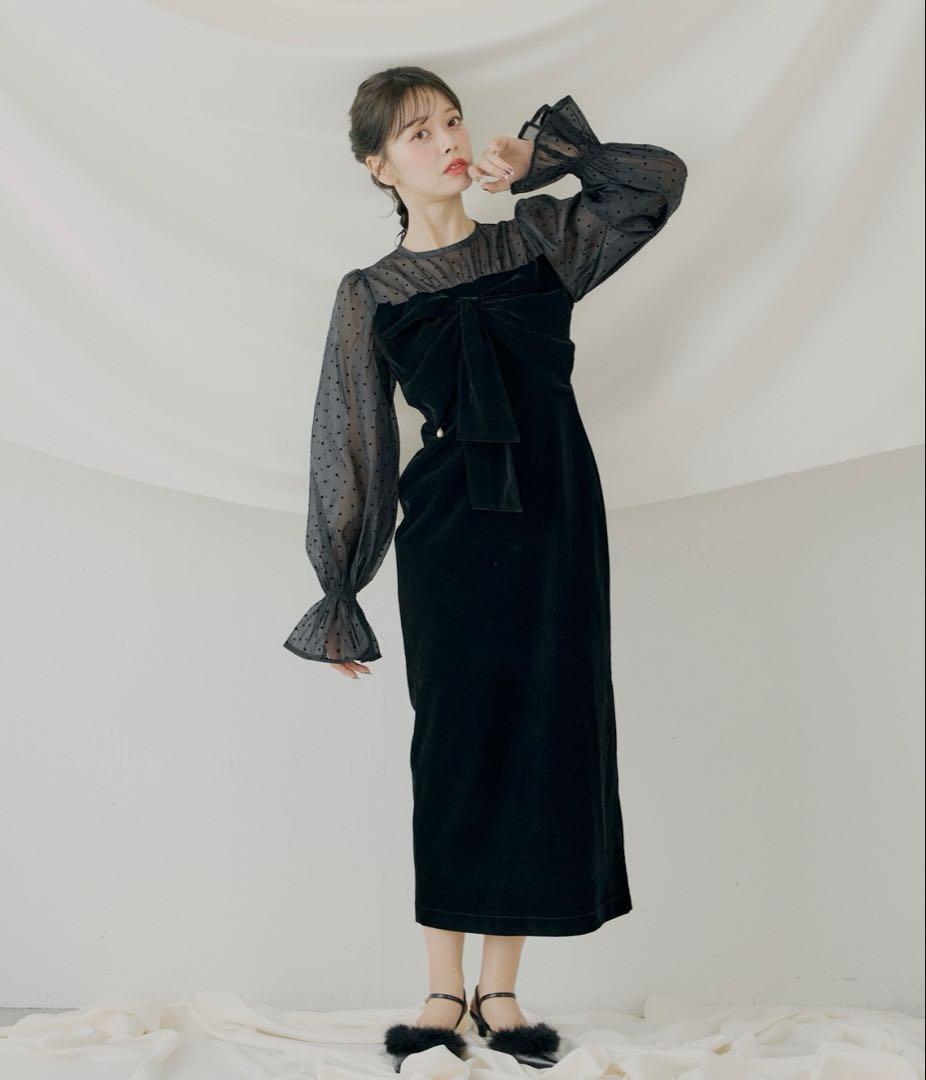 chico 配色シアーリボンベロアワンピース/オケージョン