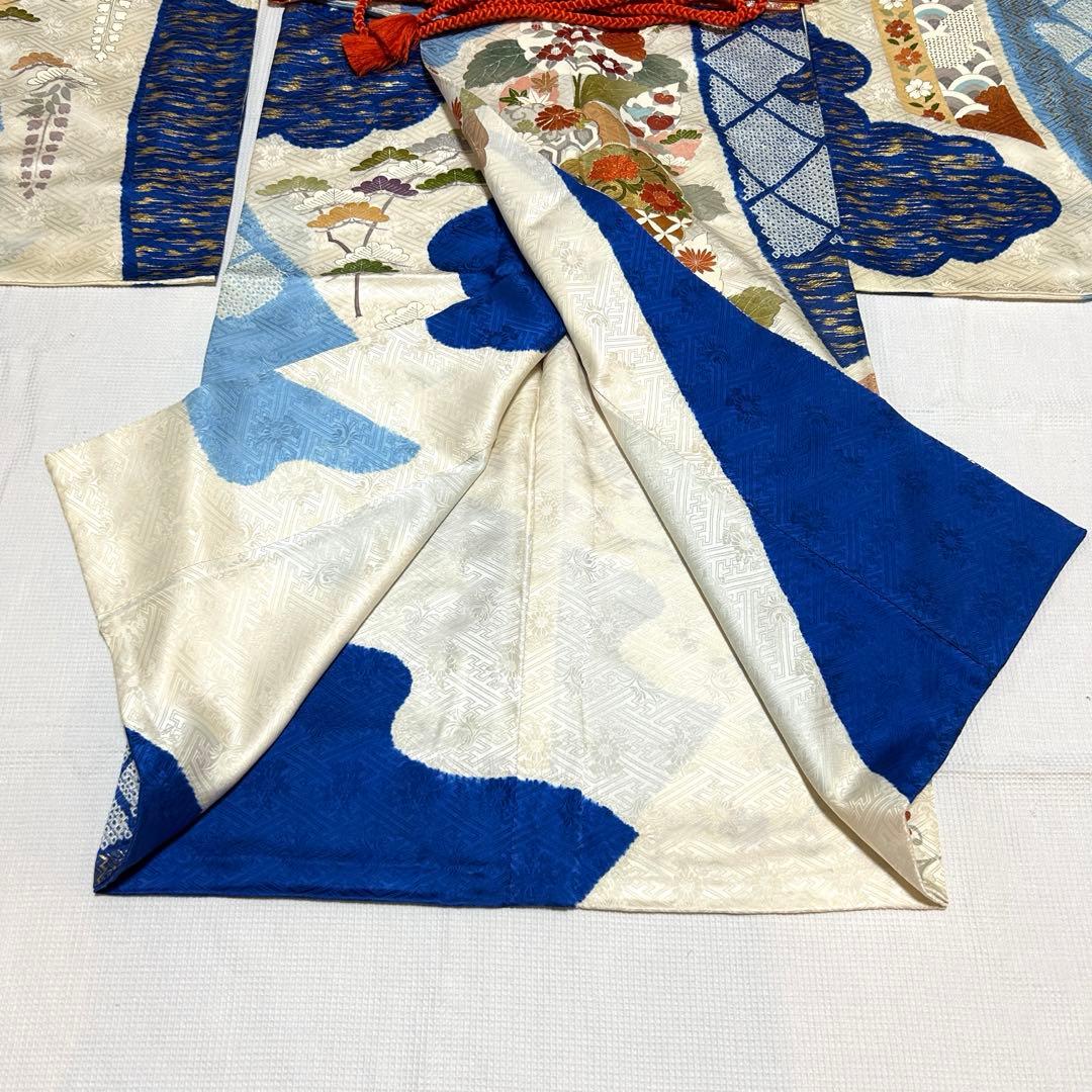 高島屋 千總 刺繍 白と青地染め分け振袖セット小物フルセット 狐の襟巻き