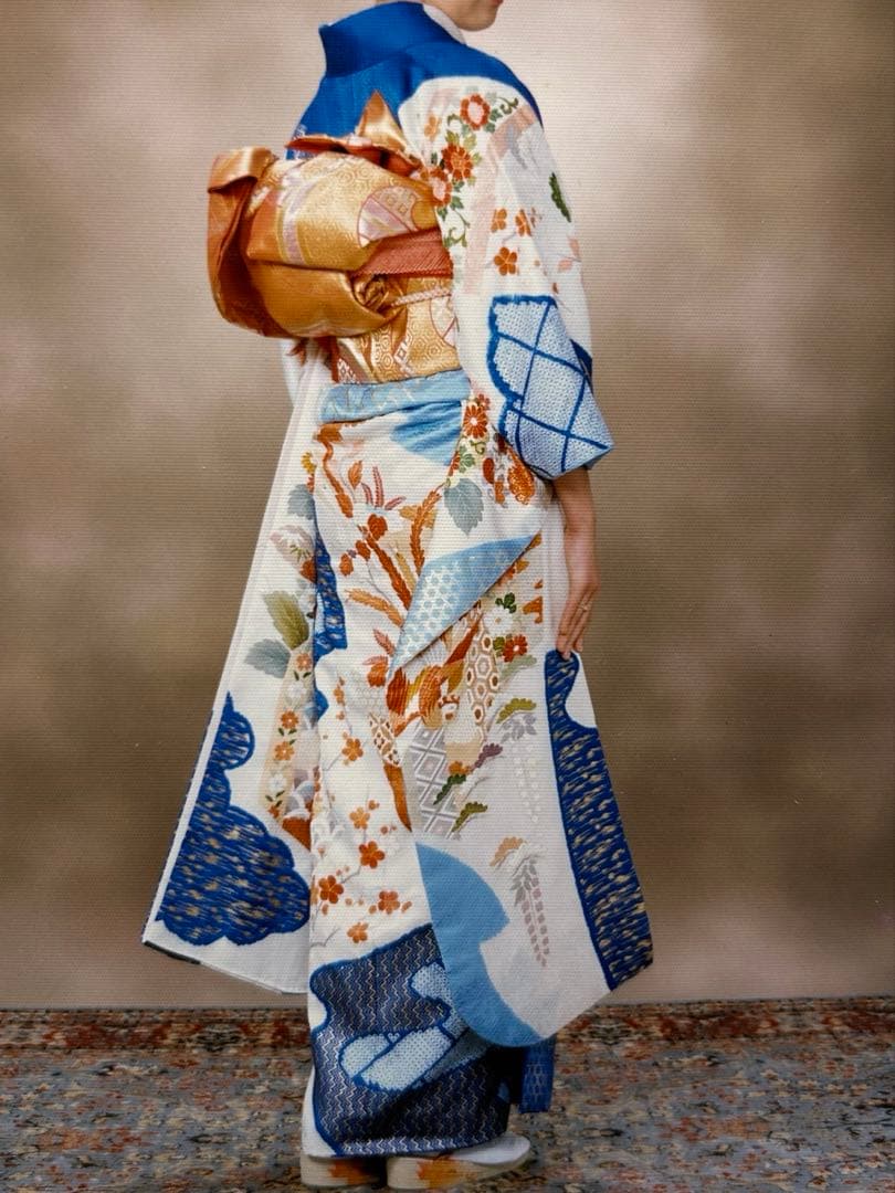 高島屋 千總 刺繍 白と青地染め分け振袖セット小物フルセット 狐の襟巻き