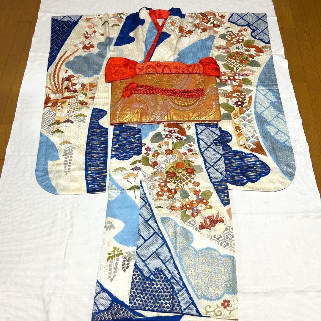 高島屋 千總 刺繍 白と青地染め分け振袖セット小物フルセット 狐の襟巻き