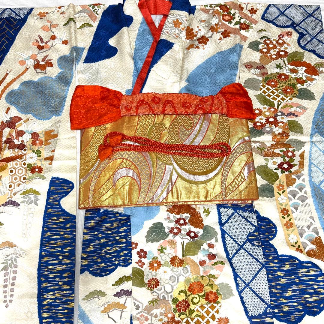 高島屋 千總 刺繍 白と青地染め分け振袖セット小物フルセット 狐の襟巻き