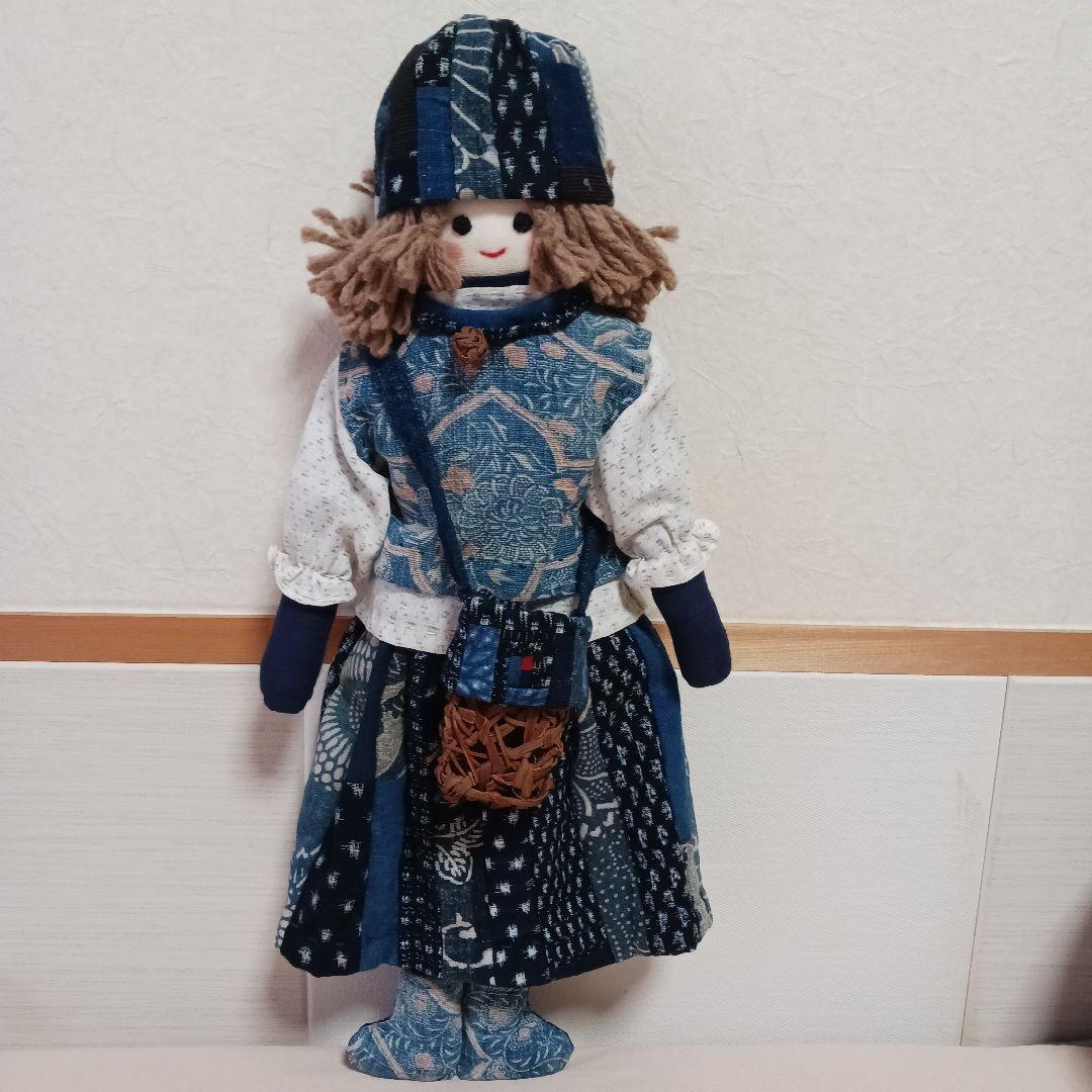 古布リメイク～古布型染め雪ん子絣藍染古布人形山葡萄バック