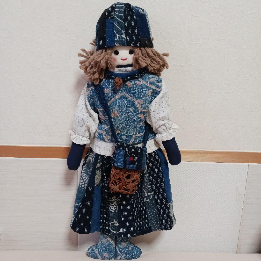 古布リメイク～古布型染め雪ん子絣藍染古布人形山葡萄バック