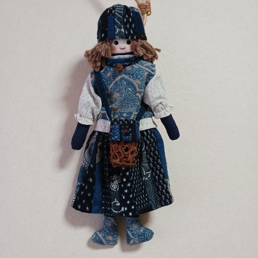 古布リメイク～古布型染め雪ん子絣藍染古布人形山葡萄バック