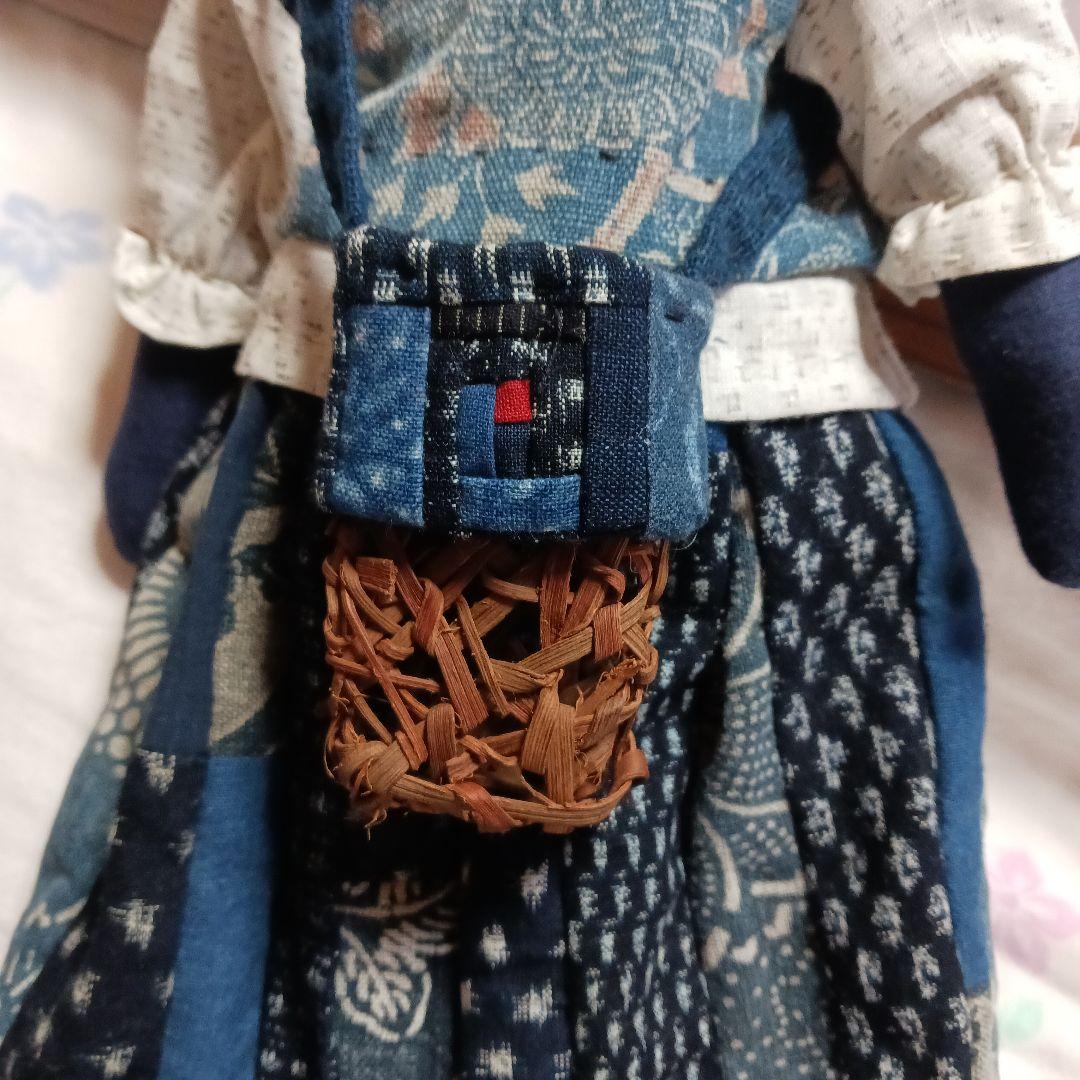古布リメイク～古布型染め雪ん子絣藍染古布人形山葡萄バック