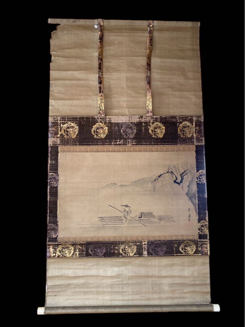 英一蝶 肉筆 山水画 墨絵 掛軸 金箔装飾付き