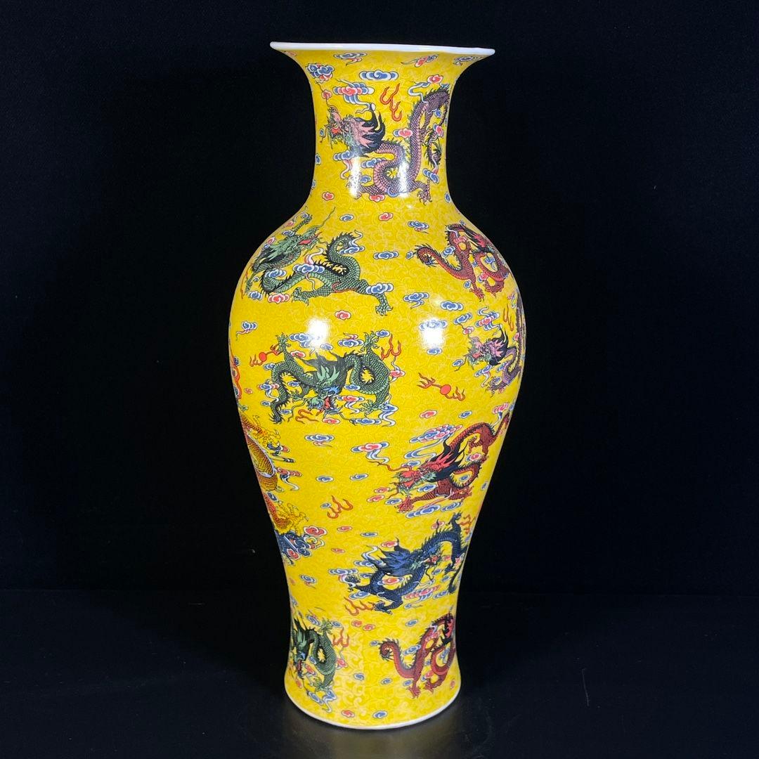 帝王黄釉五彩龍紋盤口瓶 景徳鎮 陶磁器 装飾品 現代工芸品 美術品 置物
