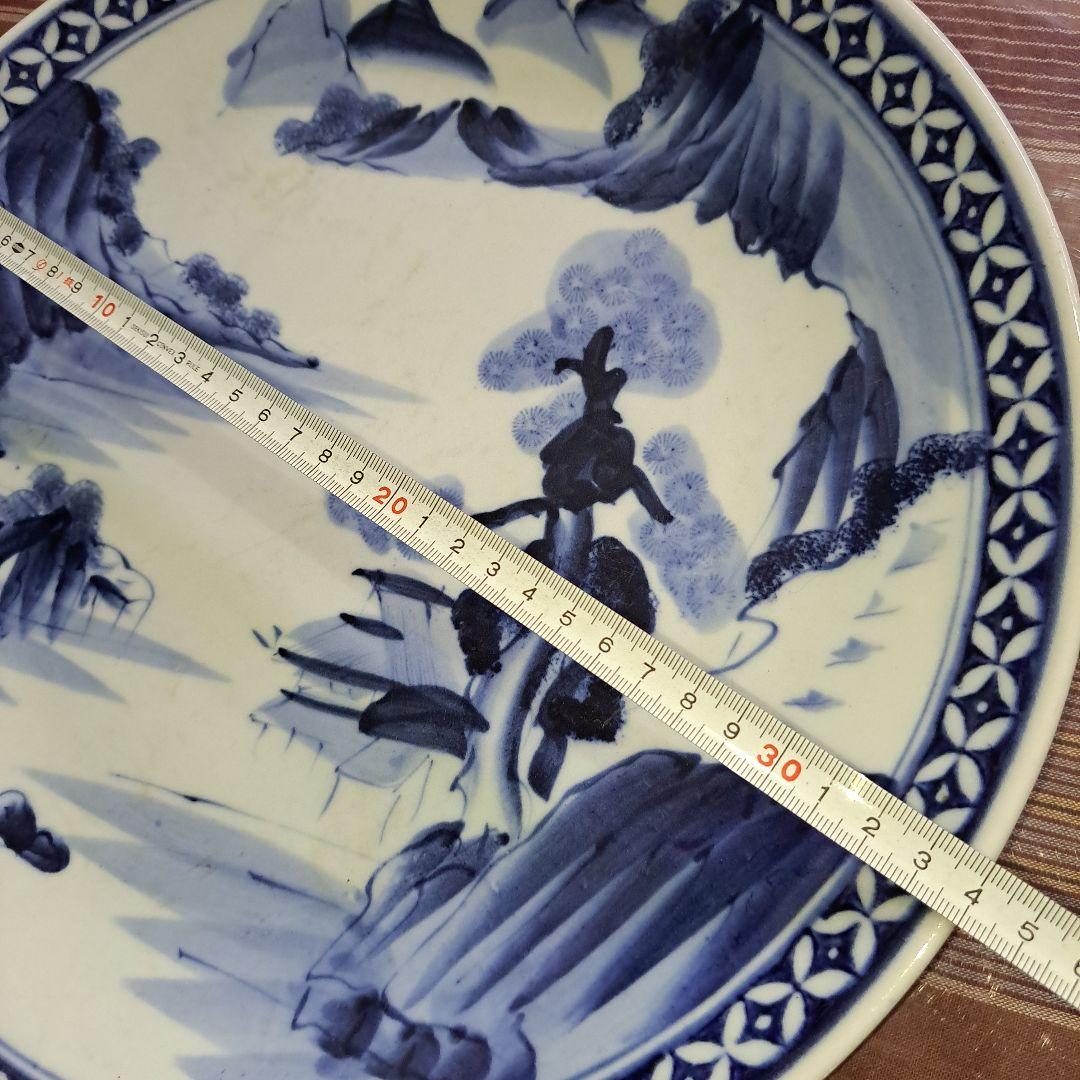 江戸初期　呉須　古伊万里　極上　七宝　楼閣山水図　角渦福　大皿