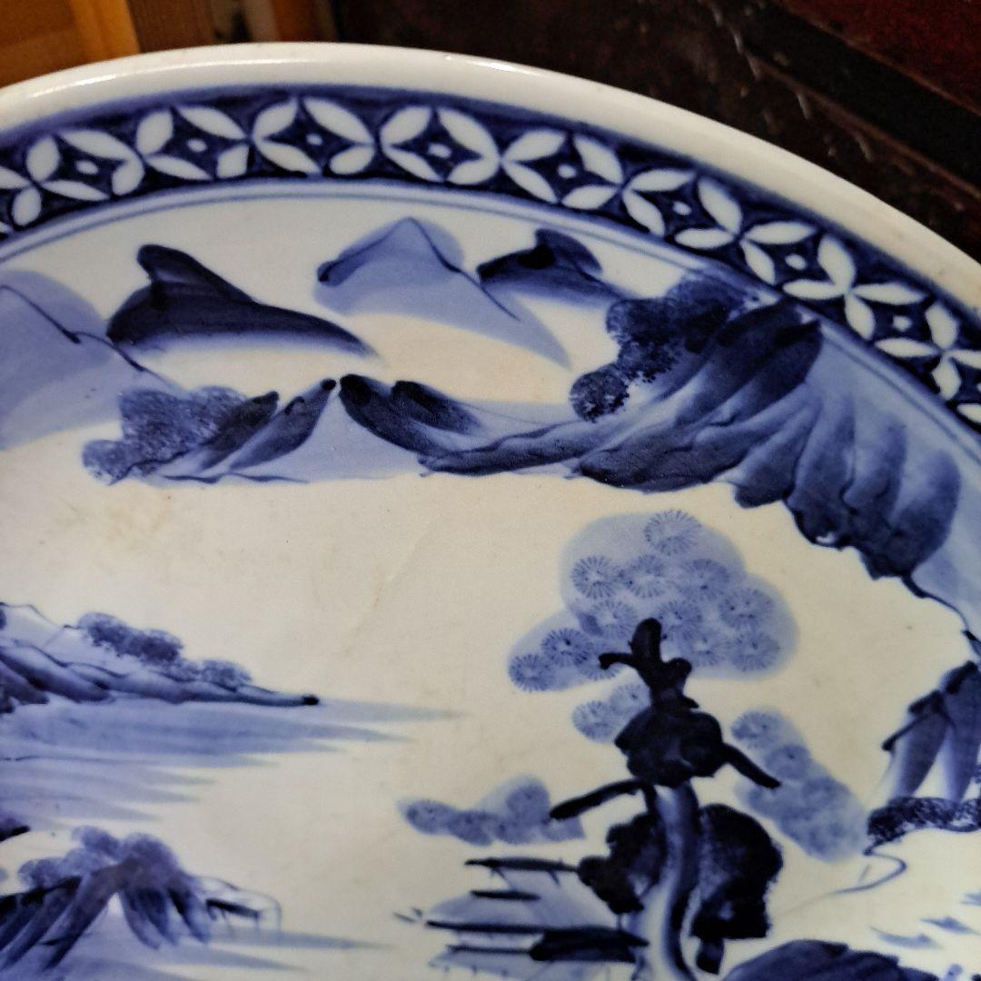 江戸初期　呉須　古伊万里　極上　七宝　楼閣山水図　角渦福　大皿