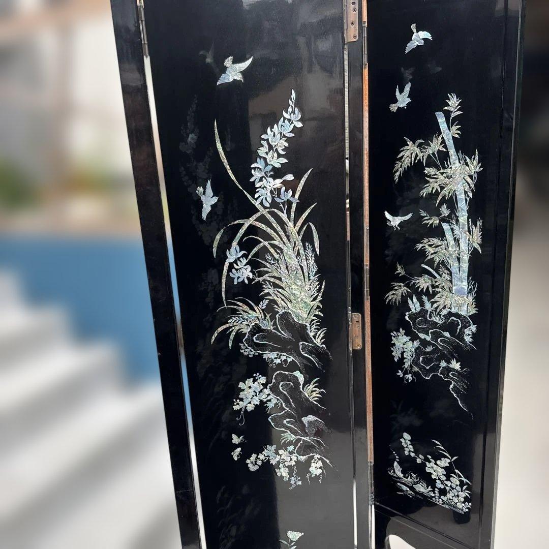(40) [美しい] スクリーン　パーテショ衝立　屏風　美術　屏風　鶴　螺鈿細工