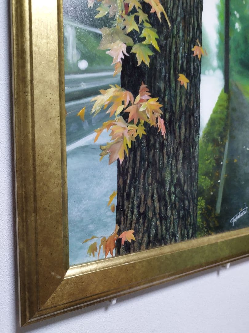 油絵 原画 写実画 額付き 街路樹