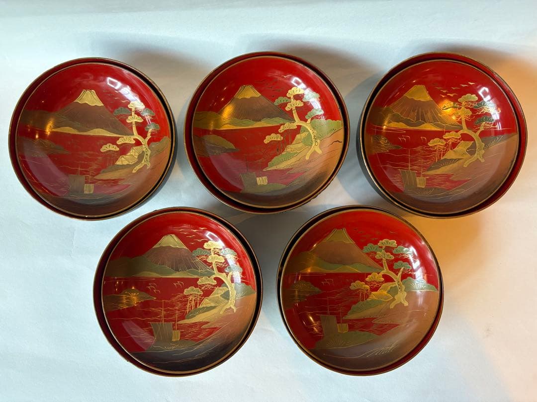 明治　大正期　会津塗　鉄錆塗　蒔絵　富士山　木製　蓋付き　お椀　梅鶯　内朱　5客