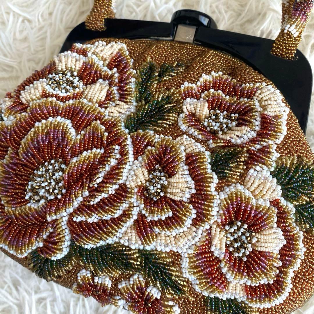 美品　和装バッグ ビーズバッグ フォーマル ビーズ 和装小物 茶