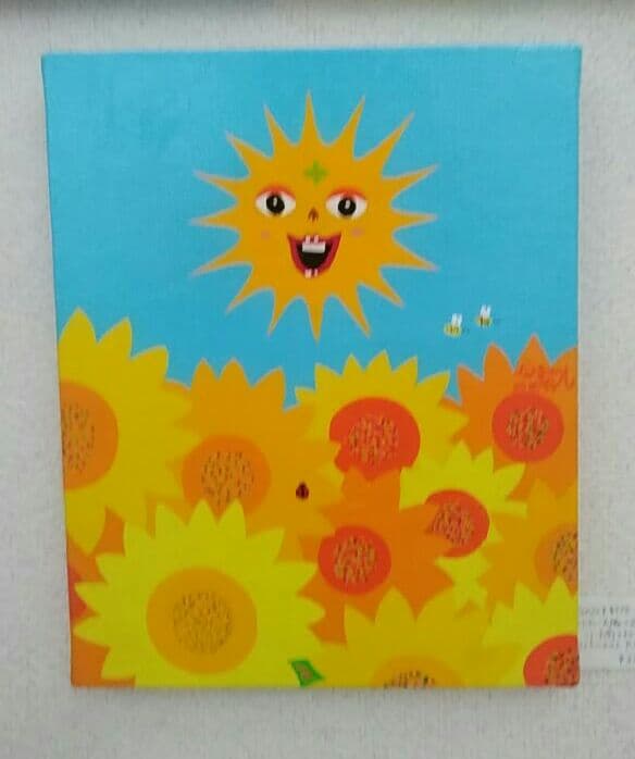 ハッピー太陽とひまわり畑　F3号　ハッピー太陽画家小楠アキコ作品