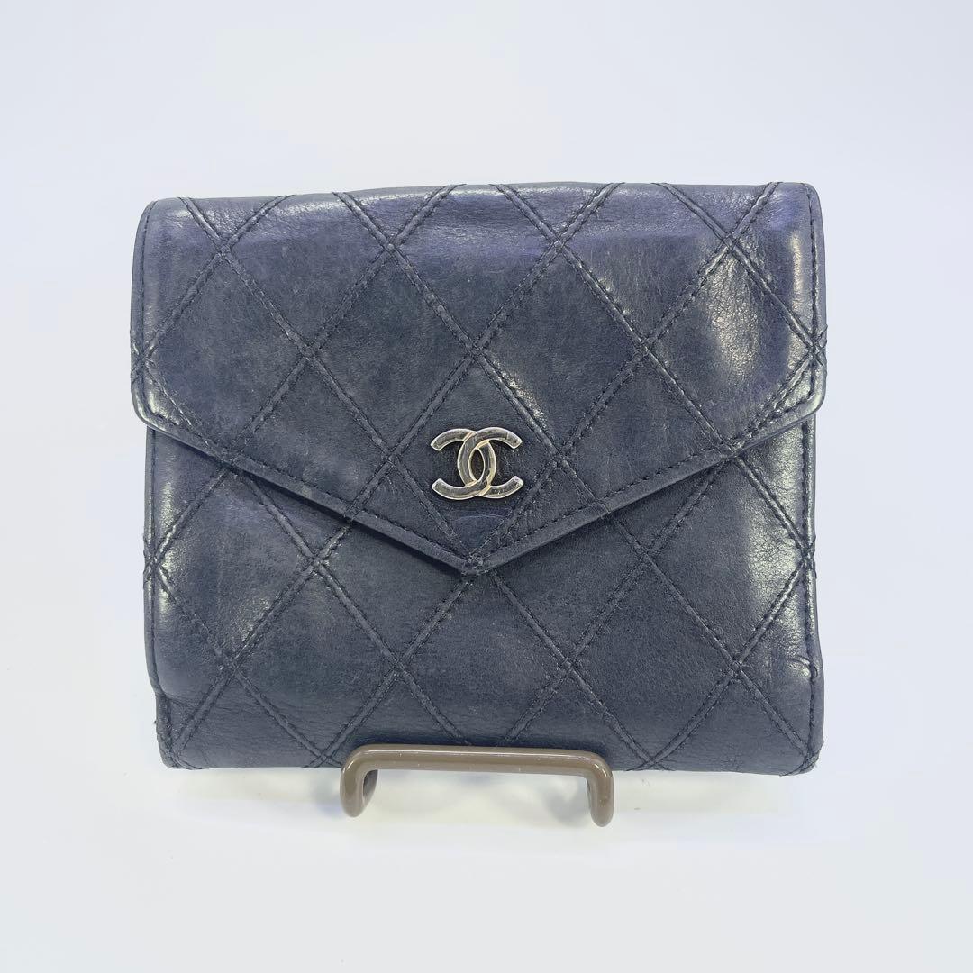 シャネル　ビコローレ　二つ折り　財布　ココマーク　ブラック　レザー　Wホック