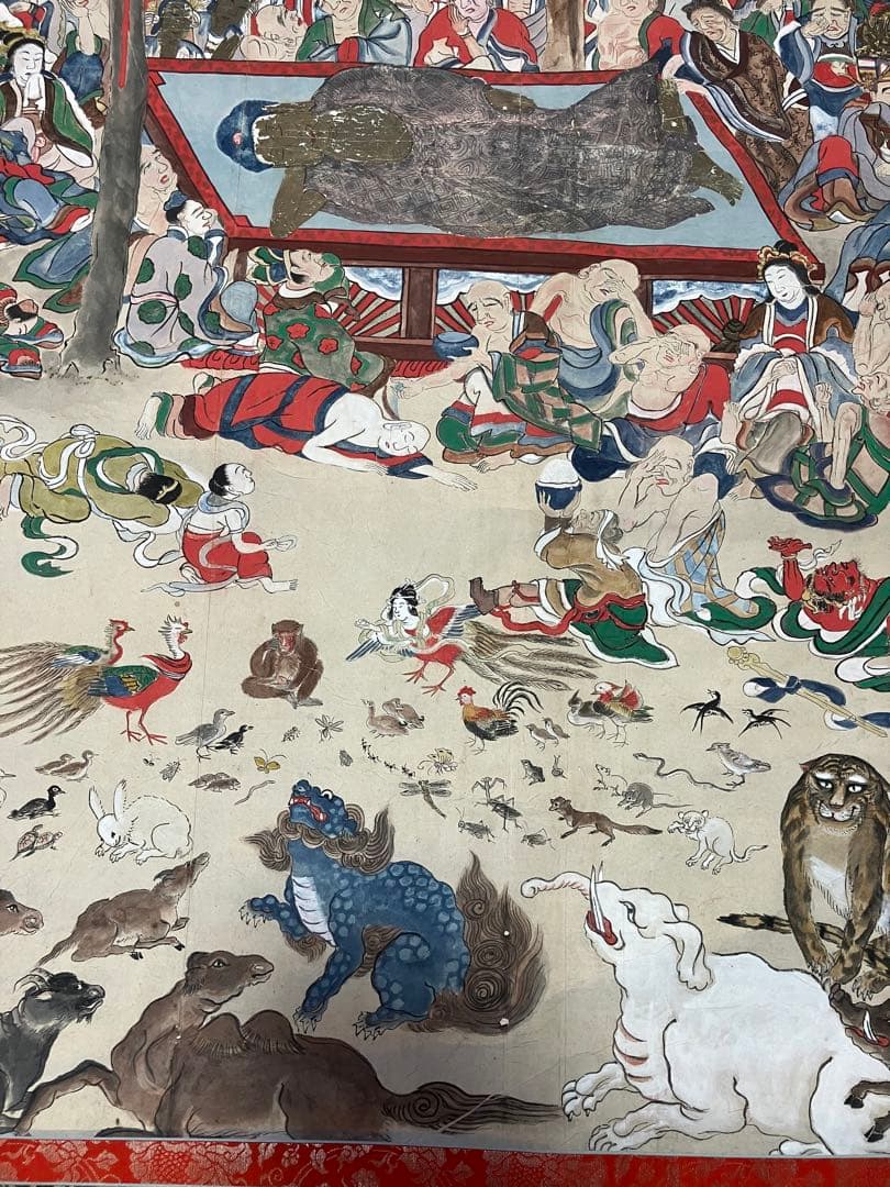 掛軸 釈迦涅槃図 大幅軸 紙本 彩色 仏画 仏教美術 年代物 時代物 合箱