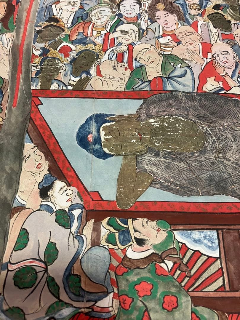 掛軸 釈迦涅槃図 大幅軸 紙本 彩色 仏画 仏教美術 年代物 時代物 合箱