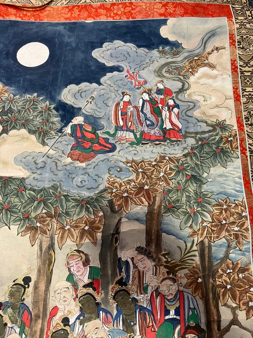 掛軸 釈迦涅槃図 大幅軸 紙本 彩色 仏画 仏教美術 年代物 時代物 合箱