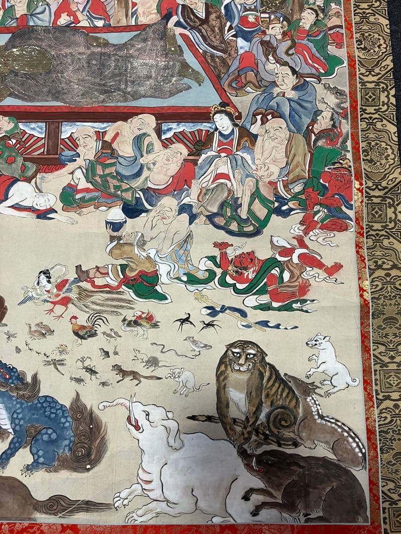 掛軸 釈迦涅槃図 大幅軸 紙本 彩色 仏画 仏教美術 年代物 時代物 合箱