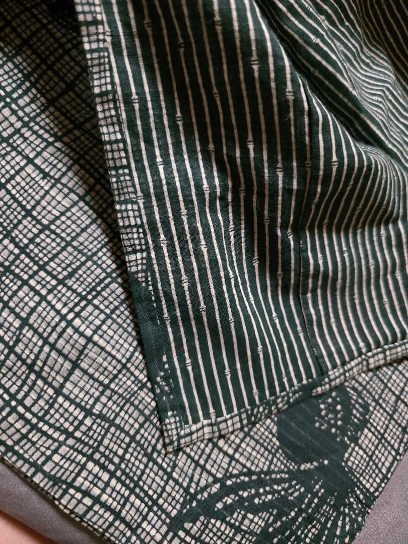 大幅値下&今夜まで。日本橋竺仙 幻の籠染、レア柄 金魚×竹グリーン綿縮地