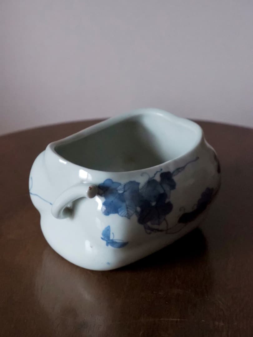 藍九谷様式　伊万里焼　染付　瓜型　鉢　水指　古民藝　Q2281