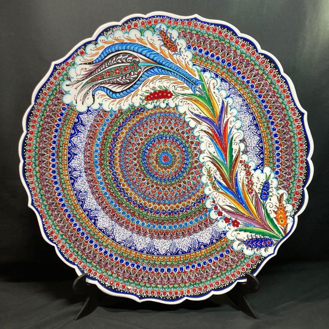 トルコ アバノス産 飾り皿 大皿 陶器 トルコ陶芸 皿立付 直径約55cm