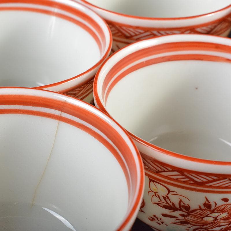 九谷焼　古九谷　赤絵　漢詩花蝶文　煎茶碗　角福銘　五客　時代箱付　D　R6328