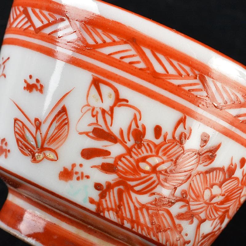 九谷焼　古九谷　赤絵　漢詩花蝶文　煎茶碗　角福銘　五客　時代箱付　D　R6328