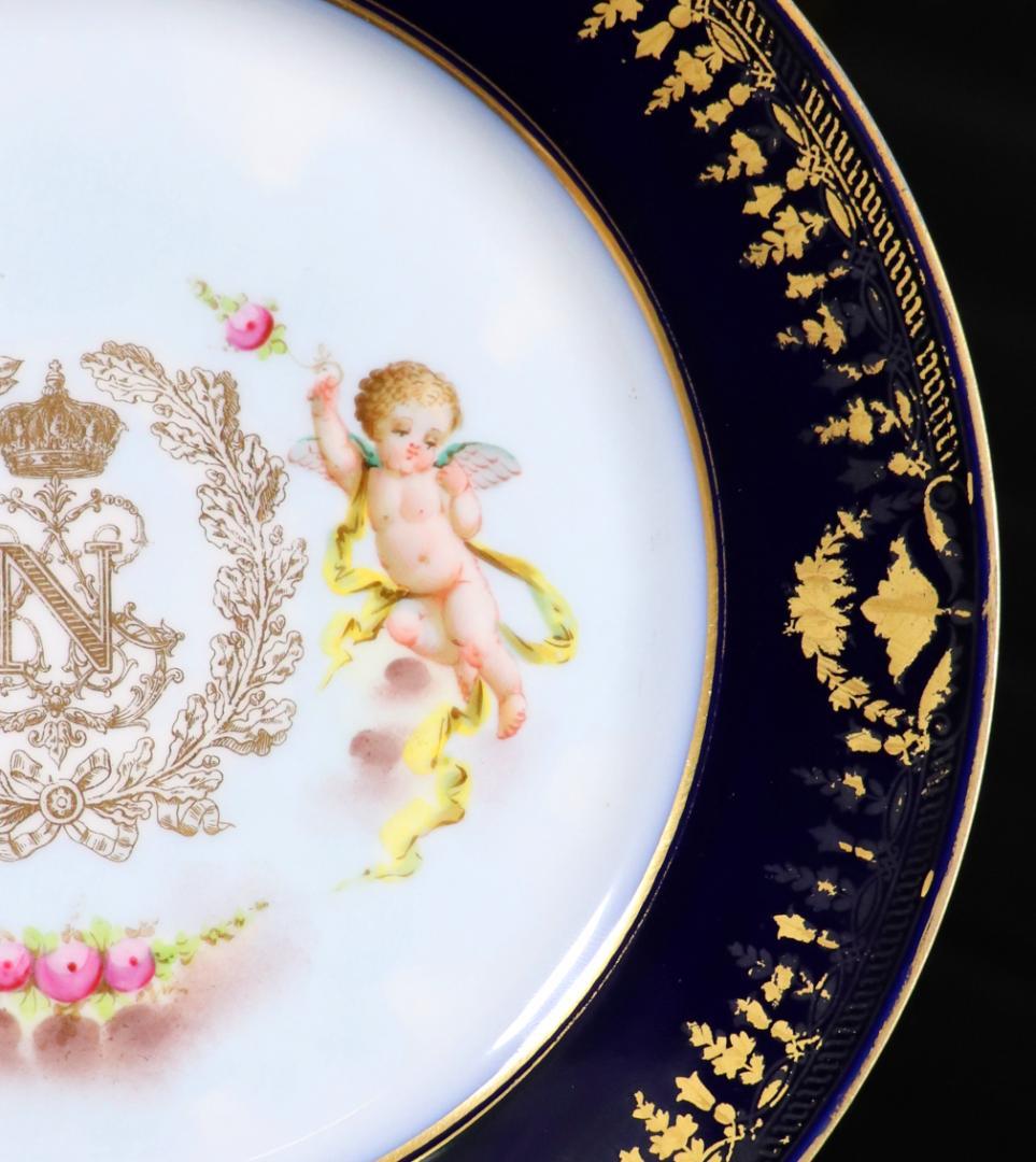 オールド・セーブル フランス第二帝政期1867年製 金彩天使図濃紺色大型プレート
