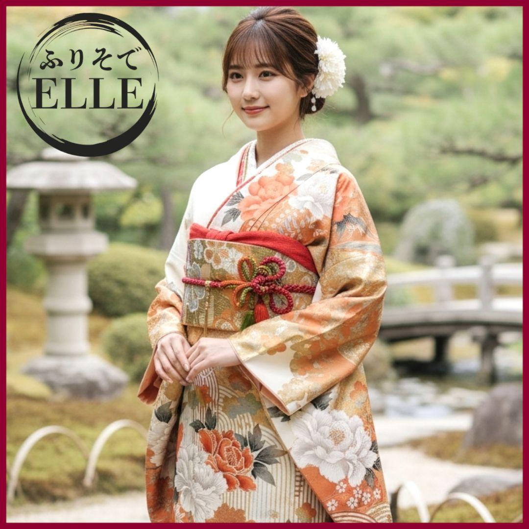 振袖フルセット(7点)・成人式・金銀彩加工・くすみ・白・古典柄・大輪牡丹