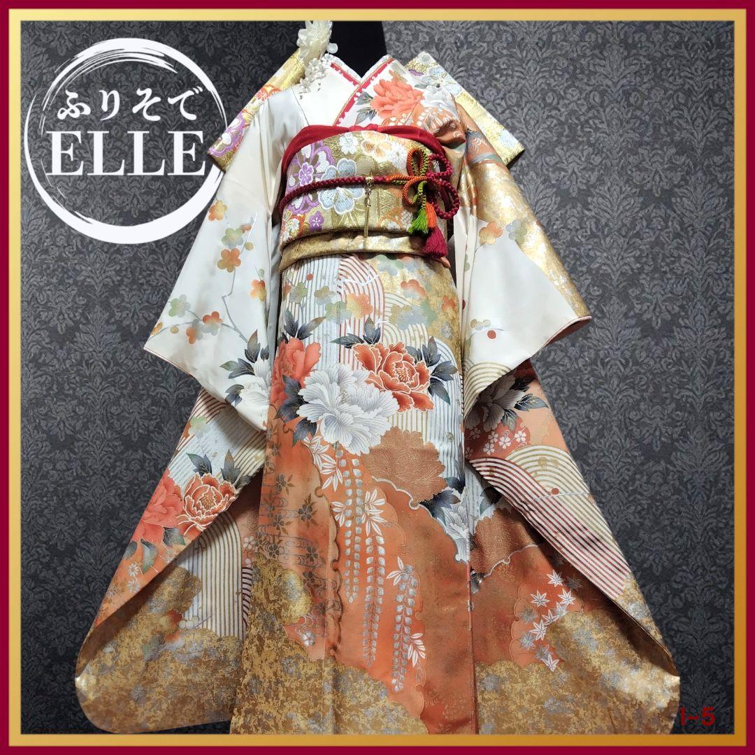 振袖フルセット(7点)・成人式・金銀彩加工・くすみ・白・古典柄・大輪牡丹