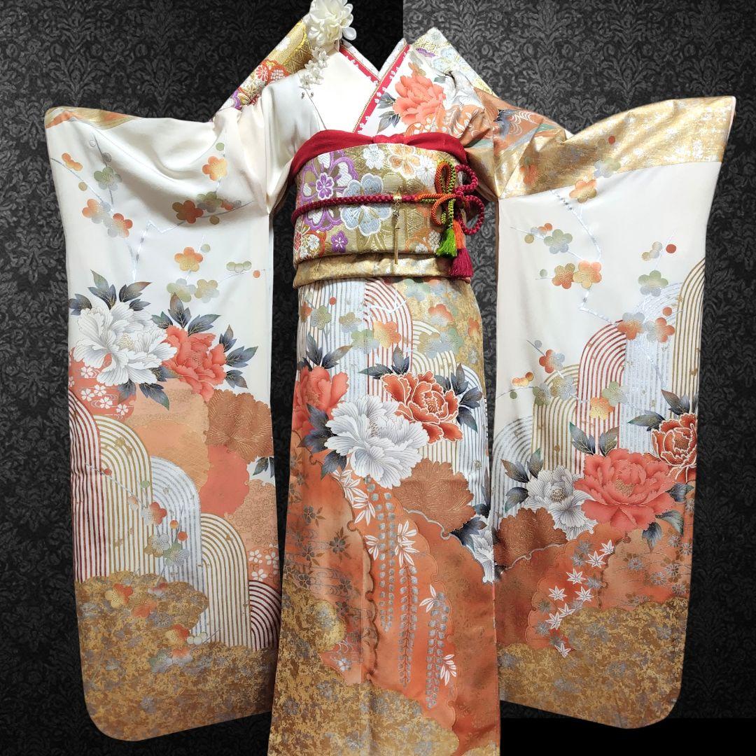 振袖フルセット(7点)・成人式・金銀彩加工・くすみ・白・古典柄・大輪牡丹
