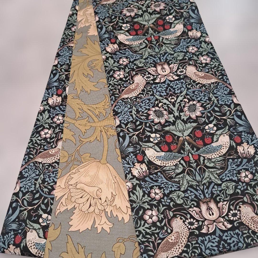 半幅帯　長尺　ウィリアムモリス　いちご泥棒　エメラルド×アネモネ　リバーシブル