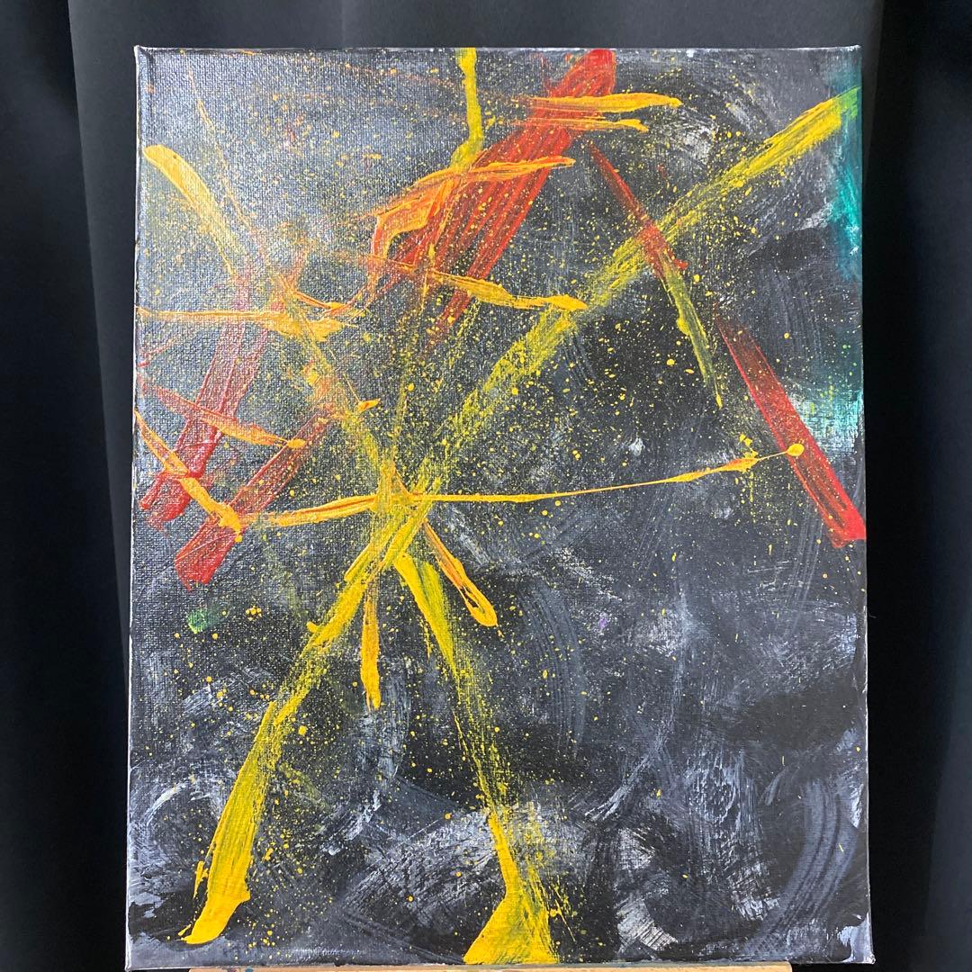 抽象アクリル画 黒地 赤 黄