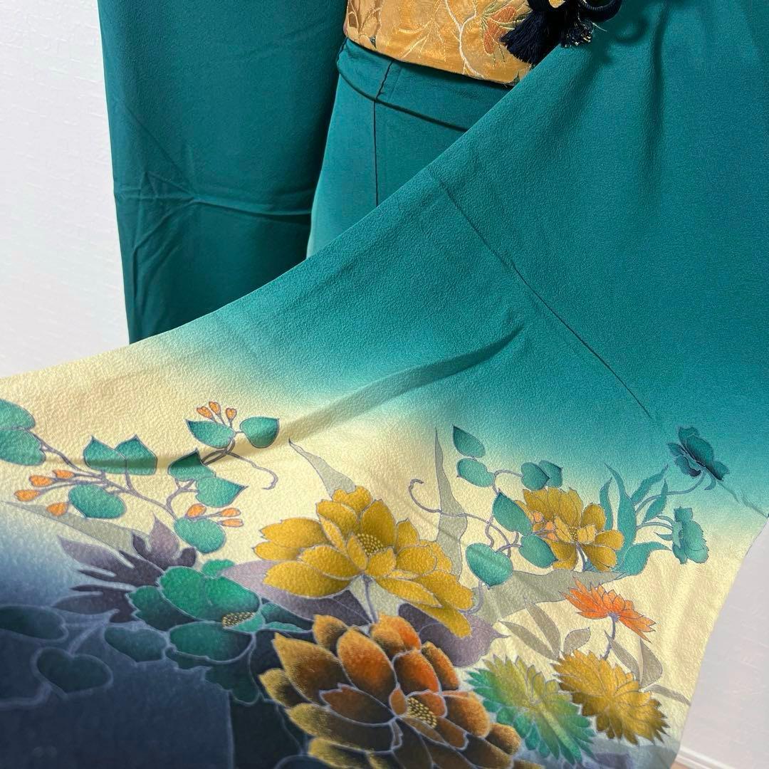 488 振袖フルセット 正絹 深緑 グリーン 金彩 暈し染め シック シンプル