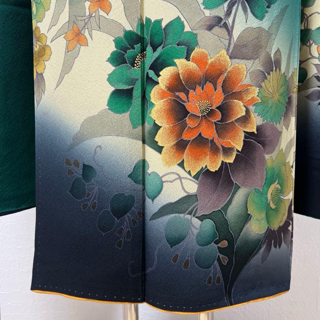 488 振袖フルセット 正絹 深緑 グリーン 金彩 暈し染め シック シンプル