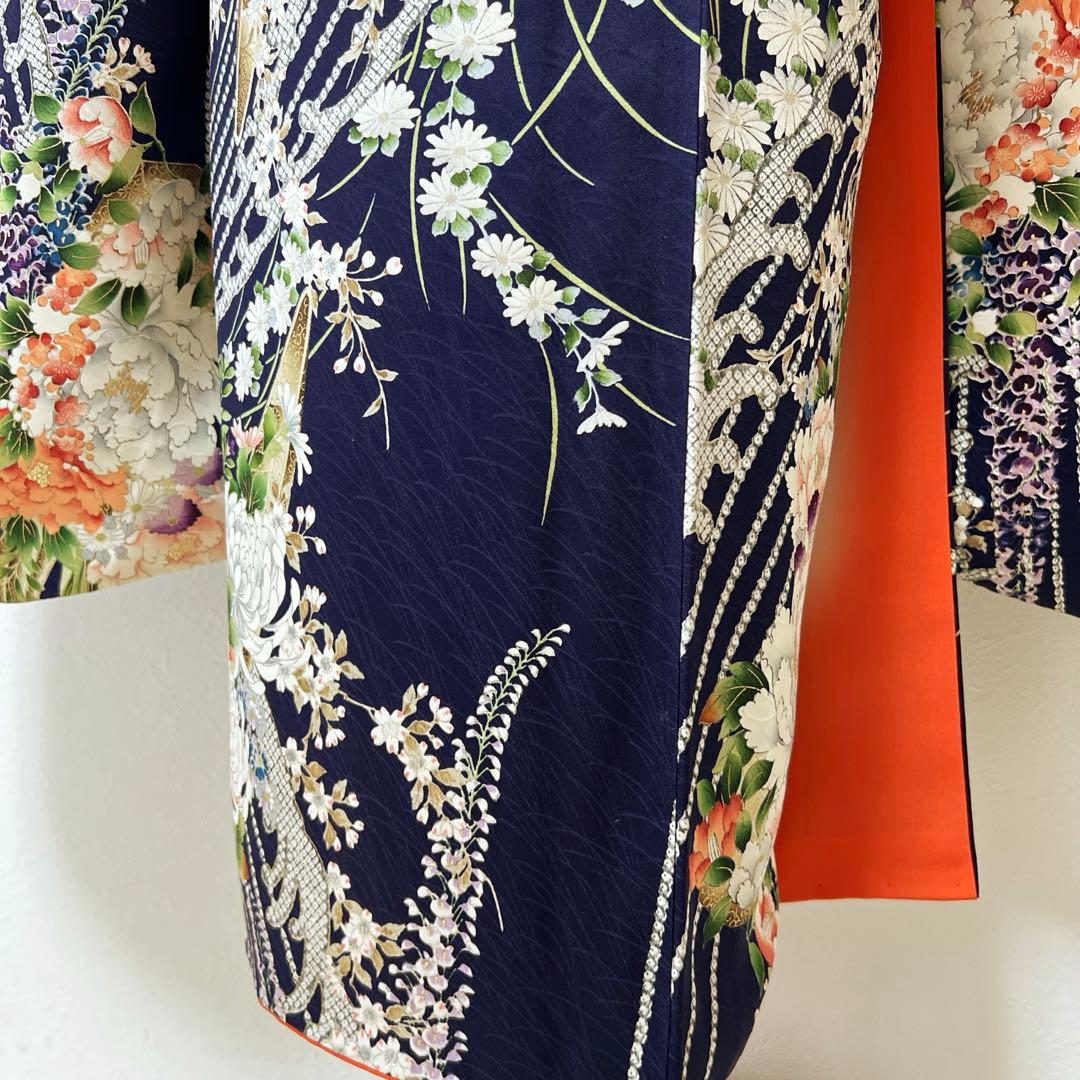 400 振袖フルセット 正絹 紺 ネイビー 紫 金彩 手描き 総柄 華やか 小紋