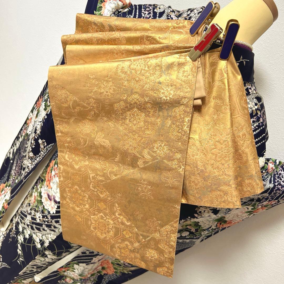 400 振袖フルセット 正絹 紺 ネイビー 紫 金彩 手描き 総柄 華やか 小紋