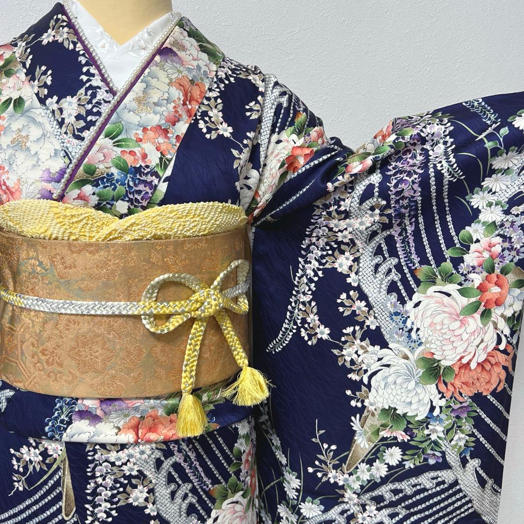 400 振袖フルセット 正絹 紺 ネイビー 紫 金彩 手描き 総柄 華やか 小紋