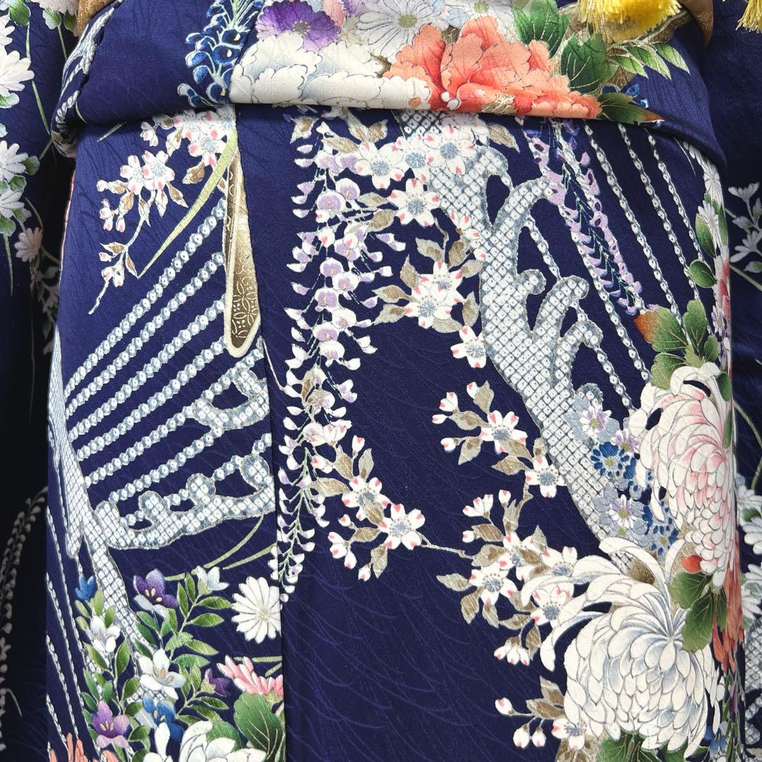 400 振袖フルセット 正絹 紺 ネイビー 紫 金彩 手描き 総柄 華やか 小紋