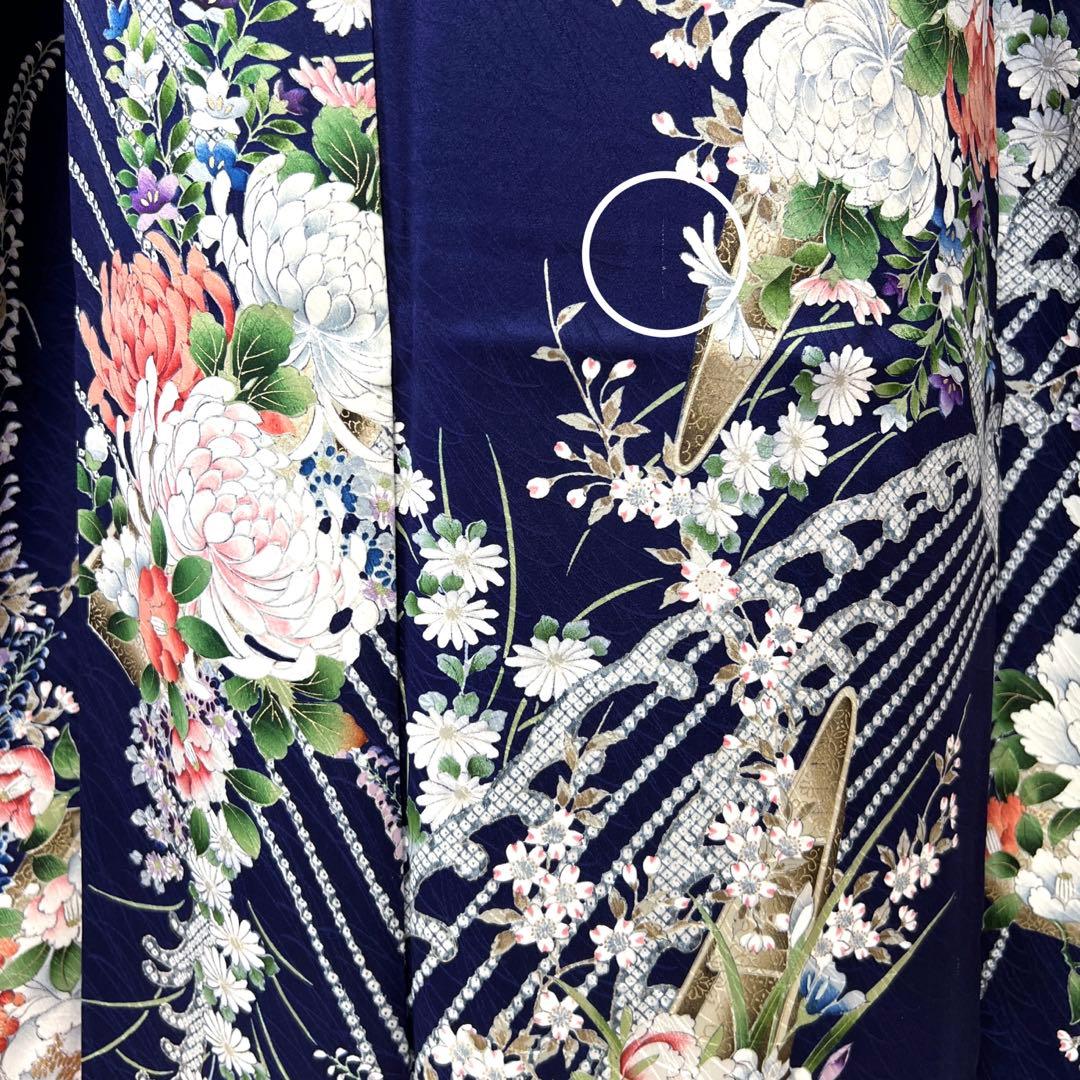 400 振袖フルセット 正絹 紺 ネイビー 紫 金彩 手描き 総柄 華やか 小紋