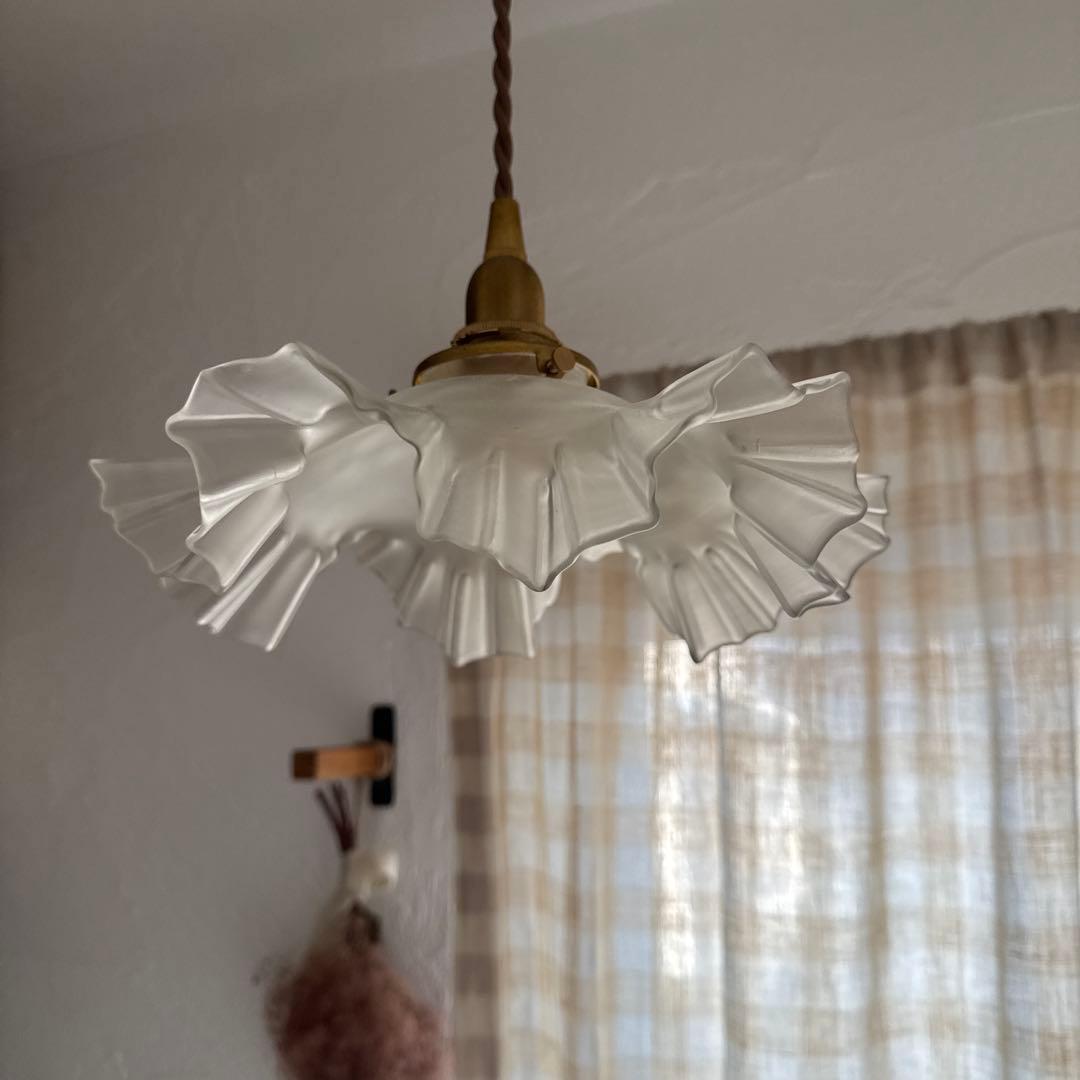 フランスアンティーク　ガラスシェード　フロストガラス　フリルシェード