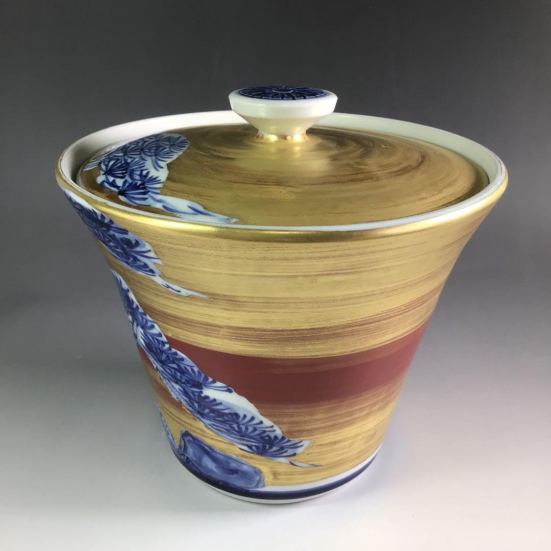 Ｒ２９６　水指　『在銘』『金地』『老松文』『末広水指』　木箱　茶道具