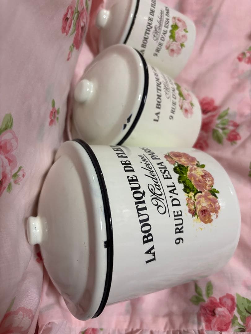 美品　フランスアンティーク　ホーロー製小物入れ３個セット