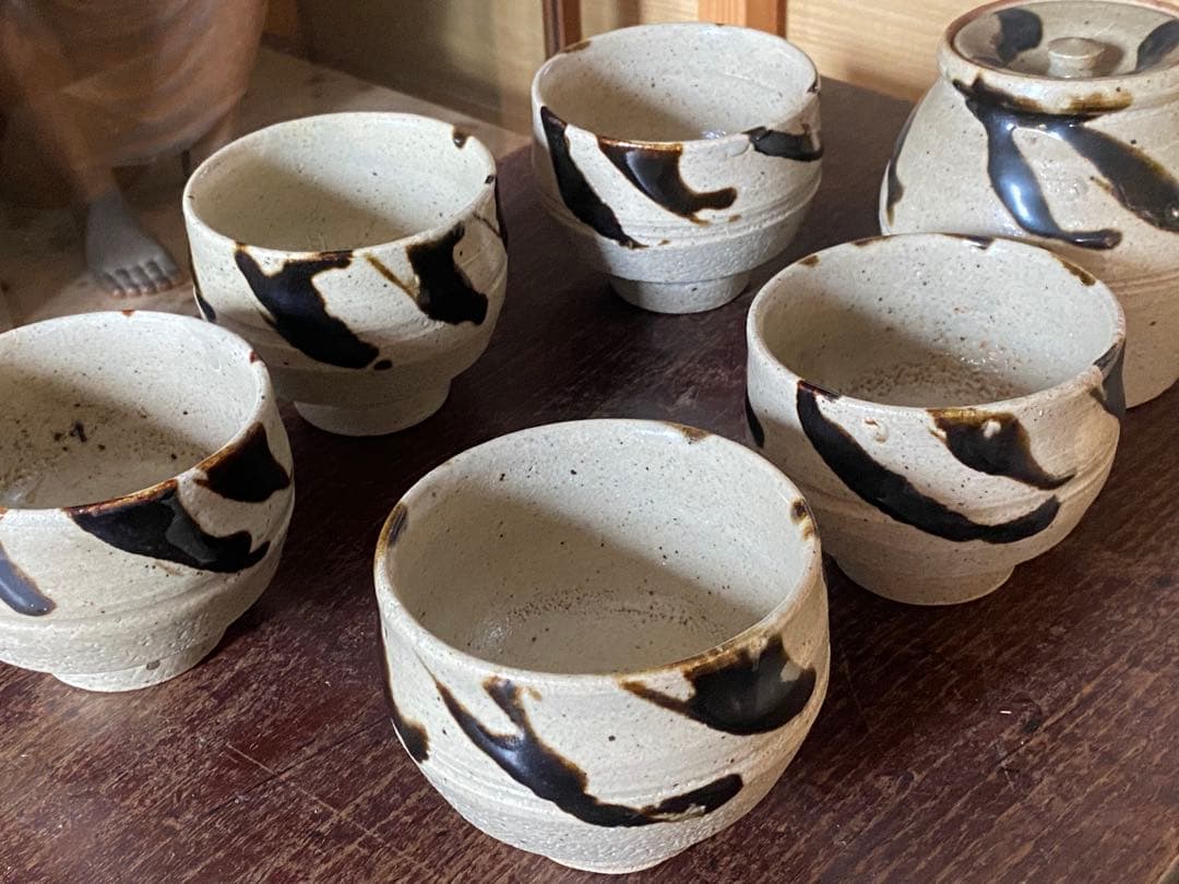 益子焼　鉄絵茶器　茶器揃い　急須　湯呑み　汲み出し　民芸　民藝