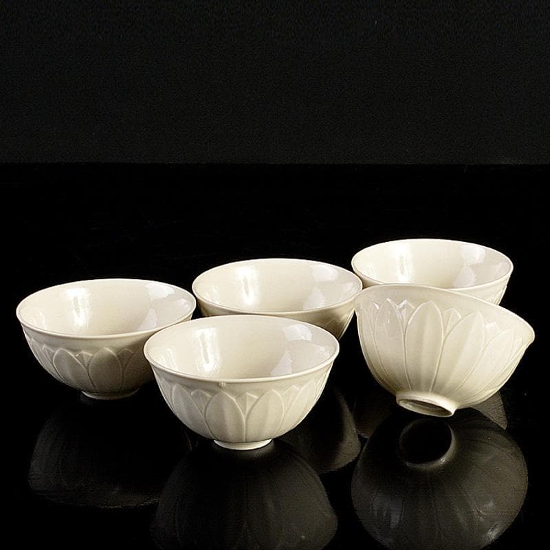 中国　徳化窯白磁　蓮弁刻　煎茶碗　盃　五客　M　8709E
