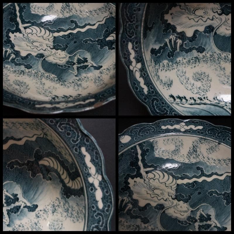 江戸期 古伊万里肥前染付『雲間龍之絵』深鉢 飾り鉢 径34.5cm共箱★希少品★