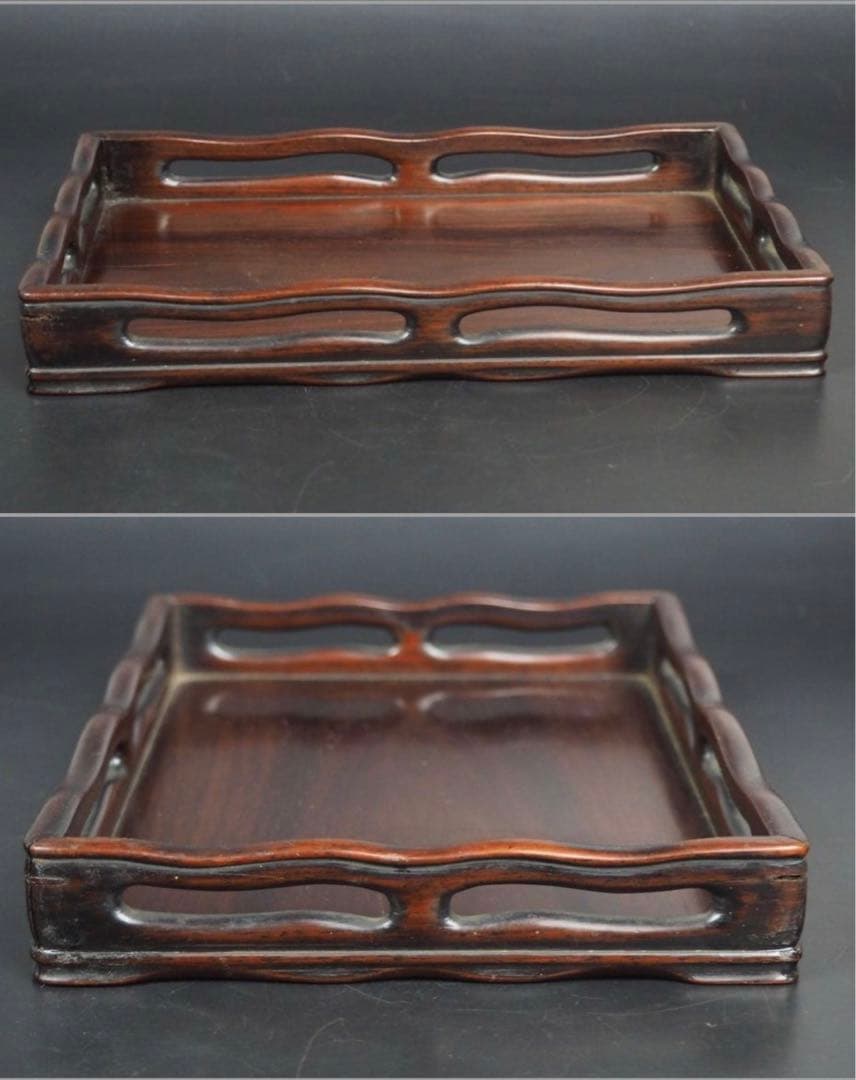 送料無料　時代物　紅木唐木紫檀花梨 透かし彫り四角盆　22.5×15.5ｃｍ