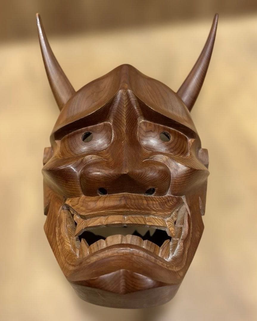 【良品・壁掛け可能です】木製 鬼の面 般若 木彫り 刻山